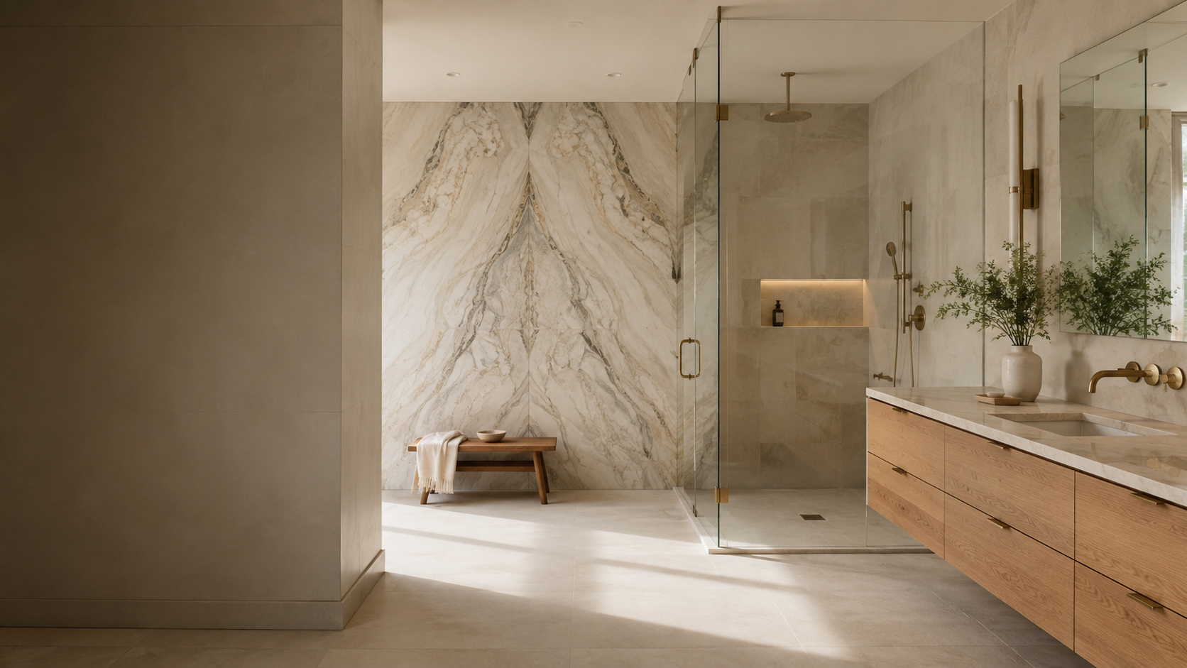 Large-format tile bathroom with frameless glass shower and oak vanity