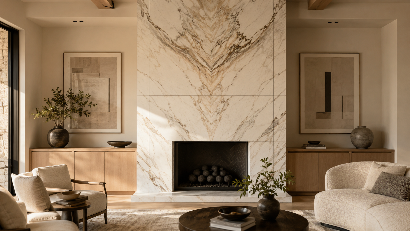 Large-format feature tile surround with white oak built-ins