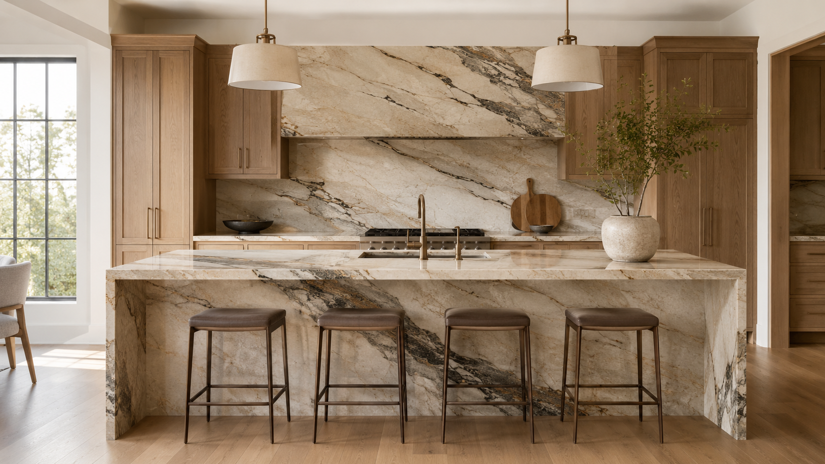 Large-format stone surfaces and coordinated flooring installation